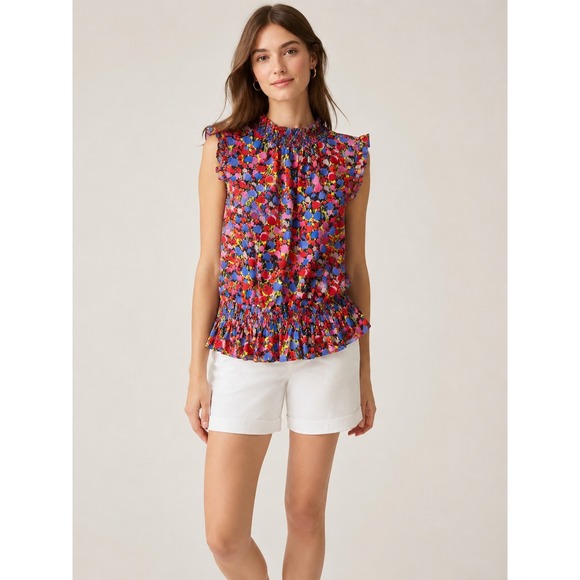 J. Crew Tops - J.Crew Womens Floral Smocked Chiffon Top 00 Multicolored Ruffle High Neck Peplum